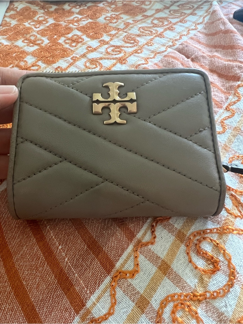 Tory Burch Quilted Zip Wallet in Taupe with Gold Logo